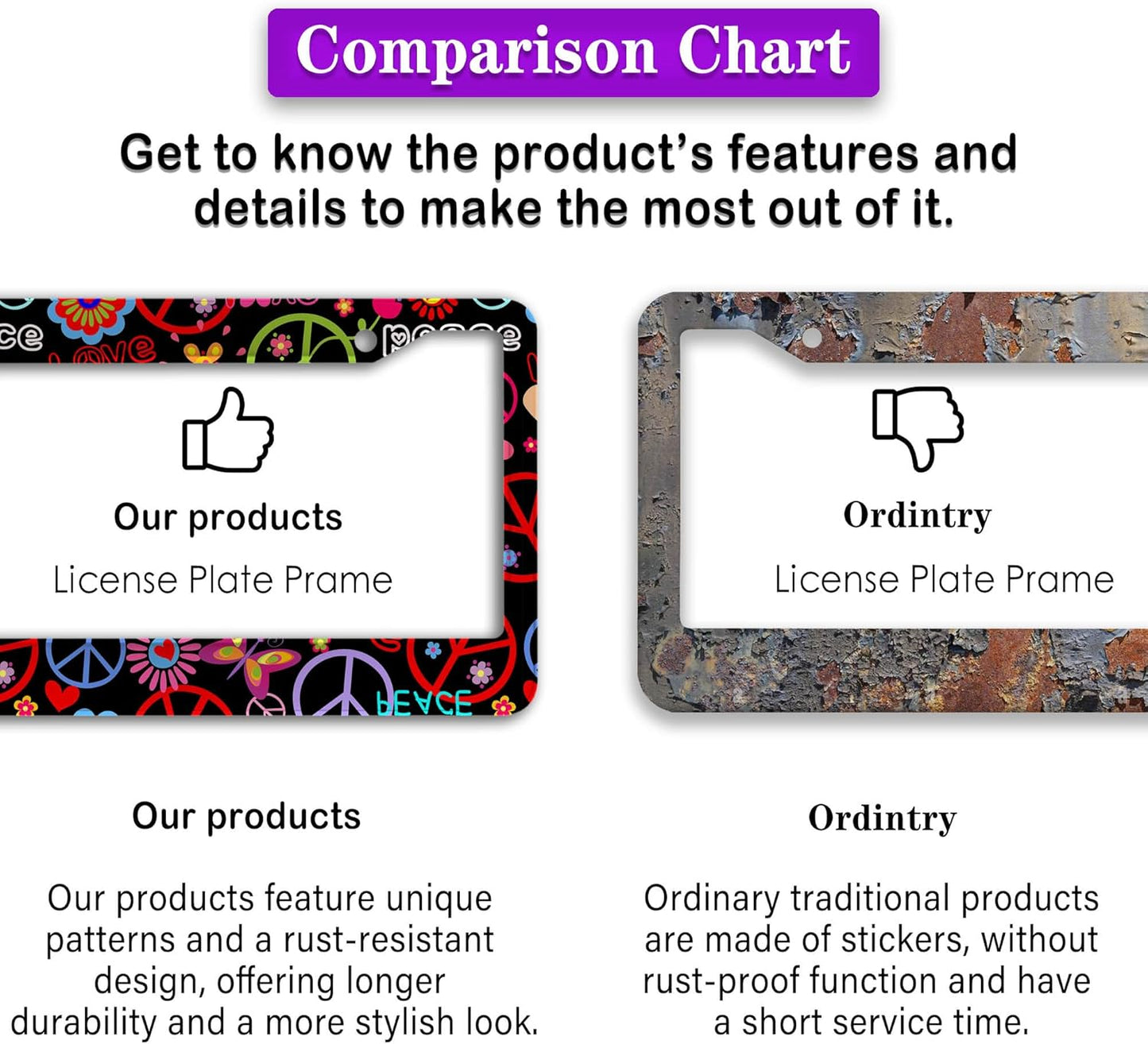 Car License Plate Frame Multicolor License Plate Frames Hippies Peace Flower Aluminum Metal Car Accessory 2 Pack with Screw Covers Set