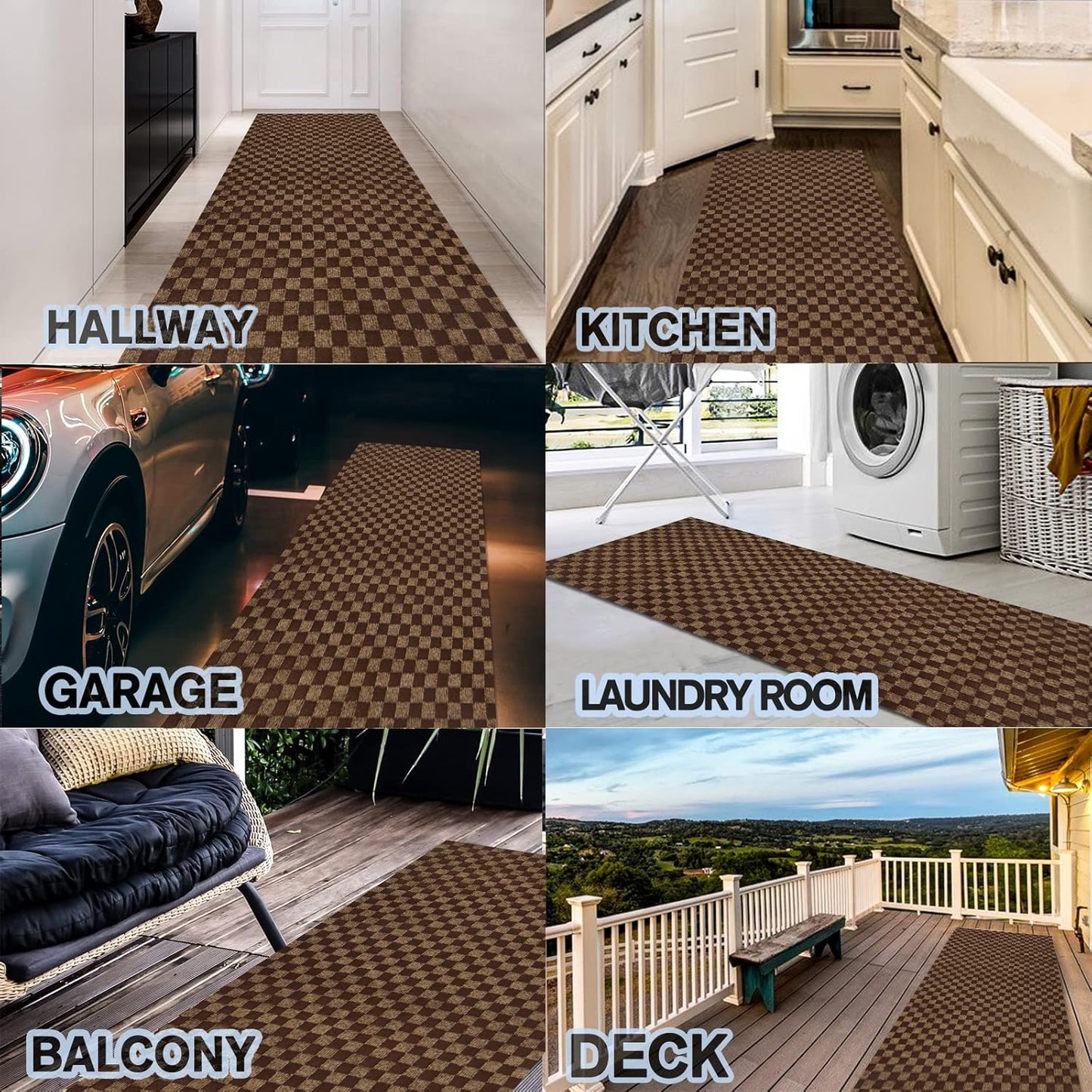 Custom Size Backed Non-Slip Area Rugs Runner, Easy Clean, Waterproof Runner Rugs for Hallway Entryway, Kitchen, Laundry, 3FT x 10FT, Brown Checkered