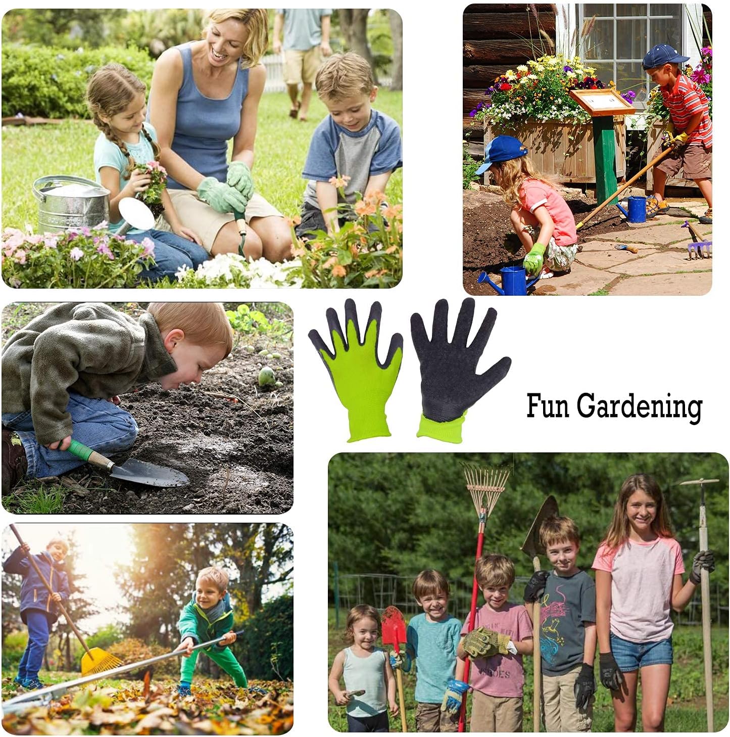 HANDLANDY 3 Pairs Kids Gardening Gloves Latex Free, Nitrile Coated Children Toddler Garden Yard Work Gloves for Little Girls Boys (Size L, Black-Green)