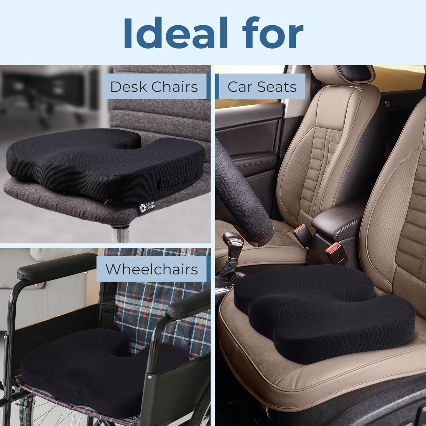 5 STARS UNITED Seat Cushion for Tailbone Pain Relief โ Memory Foam Lifting Pillow for Coccyx, Hip, Hemorrhoid, Sciatica & Post-Surgery Recovery โ Wheelchair, Car, Desk, Gaming & Office Chairs, D Blue