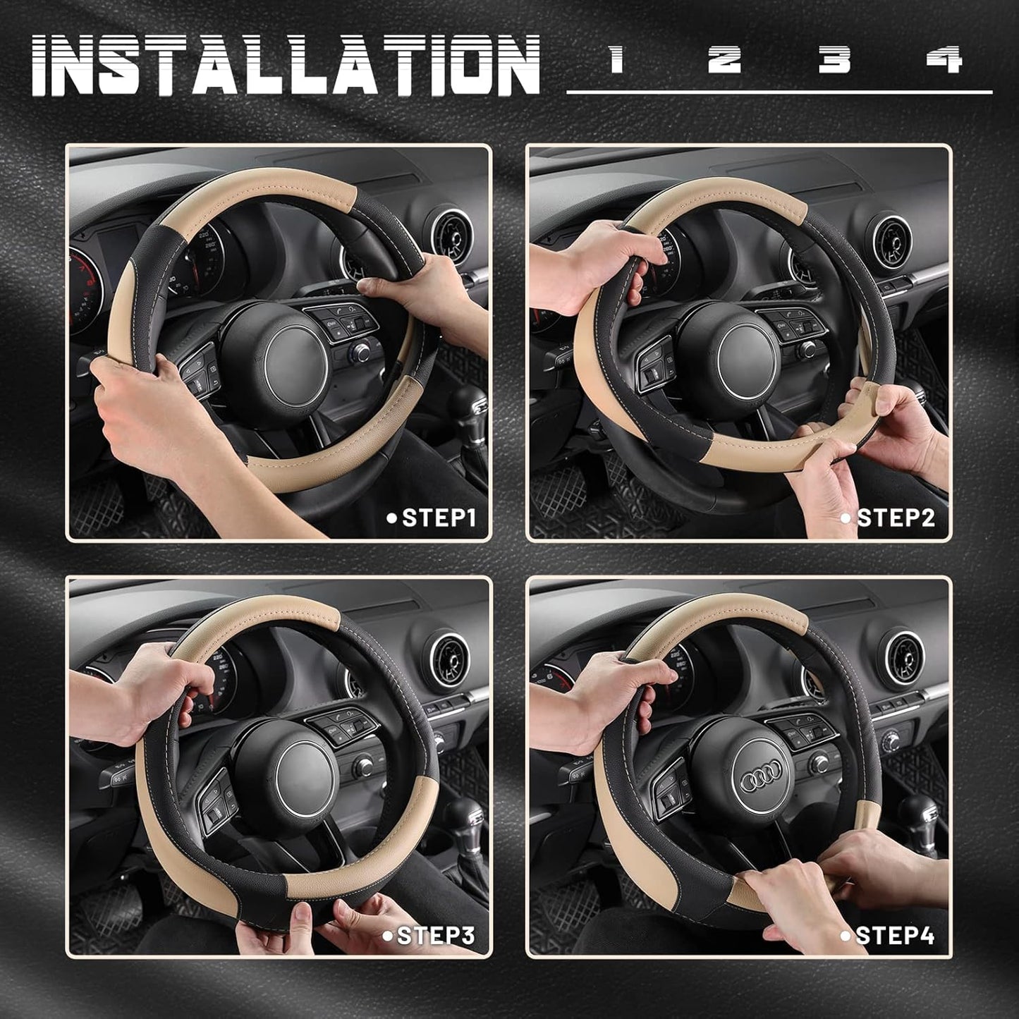 SEG Direct Car Steering Wheel Cover for Prius Civic Model 3 Model Y Camaro, Small Size 14-14.25 inch, Black and Beige Microfiber Leather