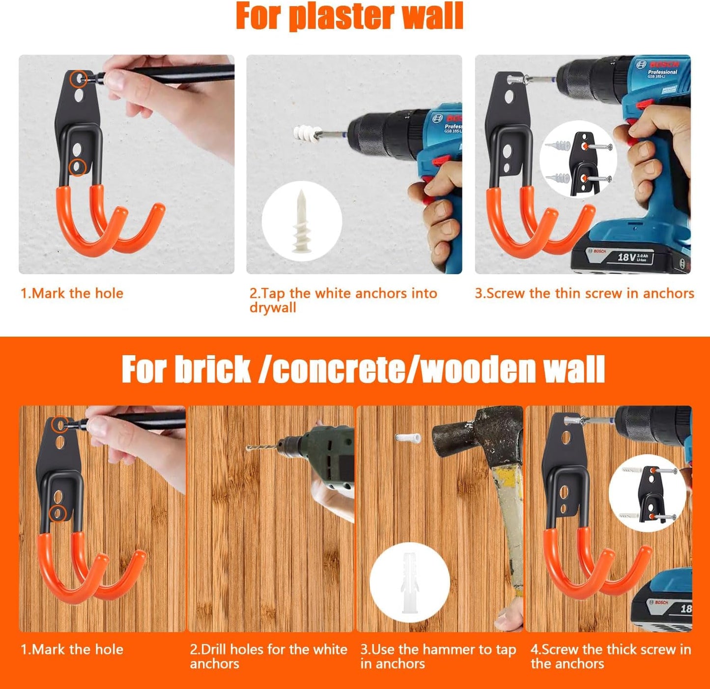 Heavy-Duty Garage Hooks -2 Pack Type U- Anti-Slip Coated Wall-Mounted Hooks Wall Mount Storage Organizer for Hanging Power and Garden Tools, Ladders, Hose, Bikes, Ropes, Bulk Items, and More 