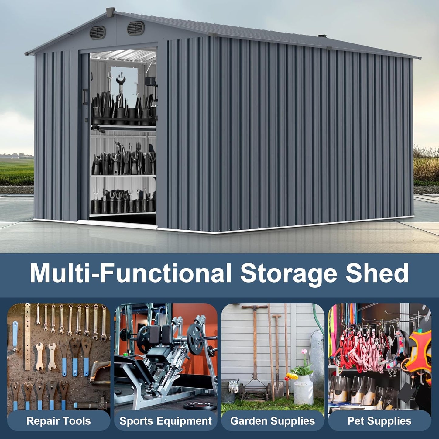 Outdoor Storage Shed 8x10 FT with Window - Metal Sheds & Outdoor Storage for Motorcycle, Bike, Garden Tool, Lawnmower - Backyard Tool Building with 1 Sliding Door and 4 Vents (Without Floor)