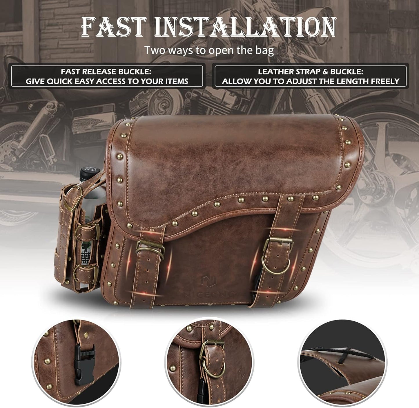 NICECNC Motorcycle Saddle Bags, PU leather Motorcycle Saddlebags, Reinforced Straps & Saddle Piece, with Cup Holder, Throw Over Saddle Bags Side Bags Universal Motorcycle Accessories, BROWN