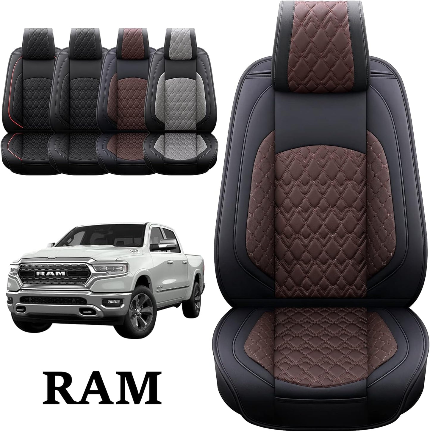 JOJOBAY Car Seat Covers for Dodge Ram Full Set,Fit Ram 2009-2025 1500/2500/3500 Pick-up Truck,Crew,Regular,Quad,Mega Cab,Waterproof Leather Seat Covers Protectors(5PCS Full Set,Black-Brown)
