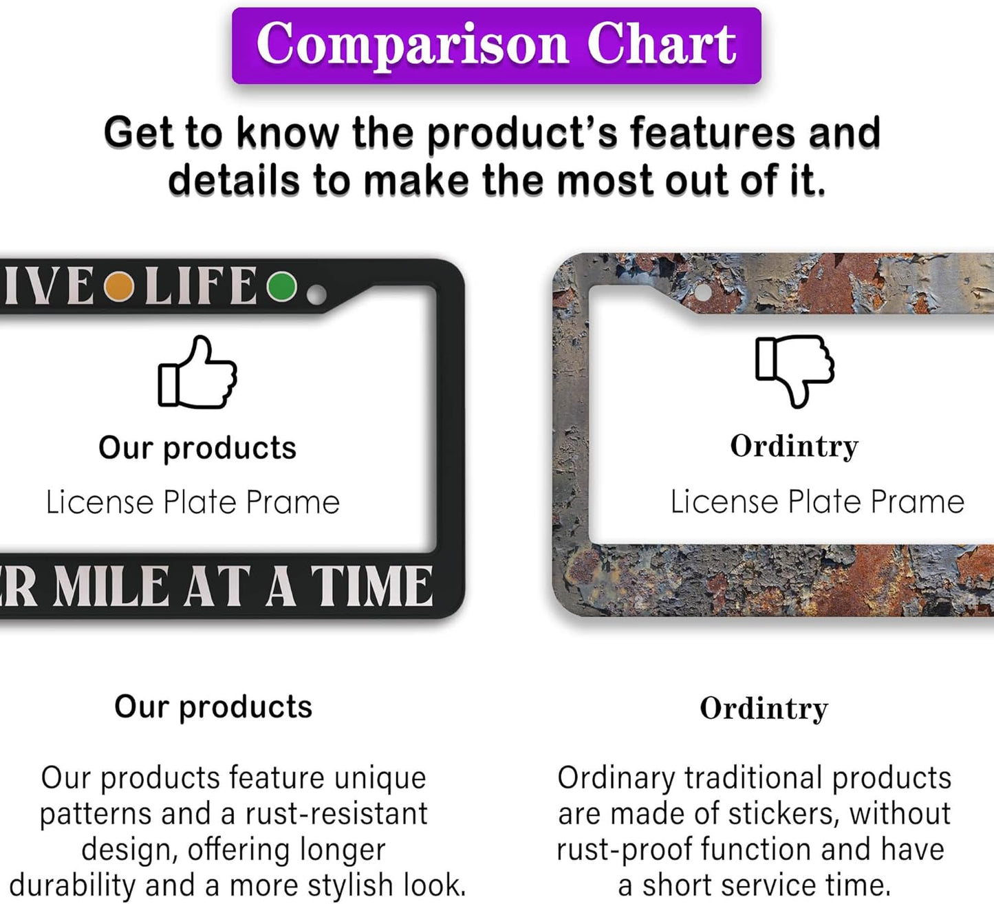 License Plate Frames Black and White Fun License Plate Frame Cover Live Life, Quarter Mile at a Time Universal Aluminum Car Accessory 2 Pack with Screw Covers Set