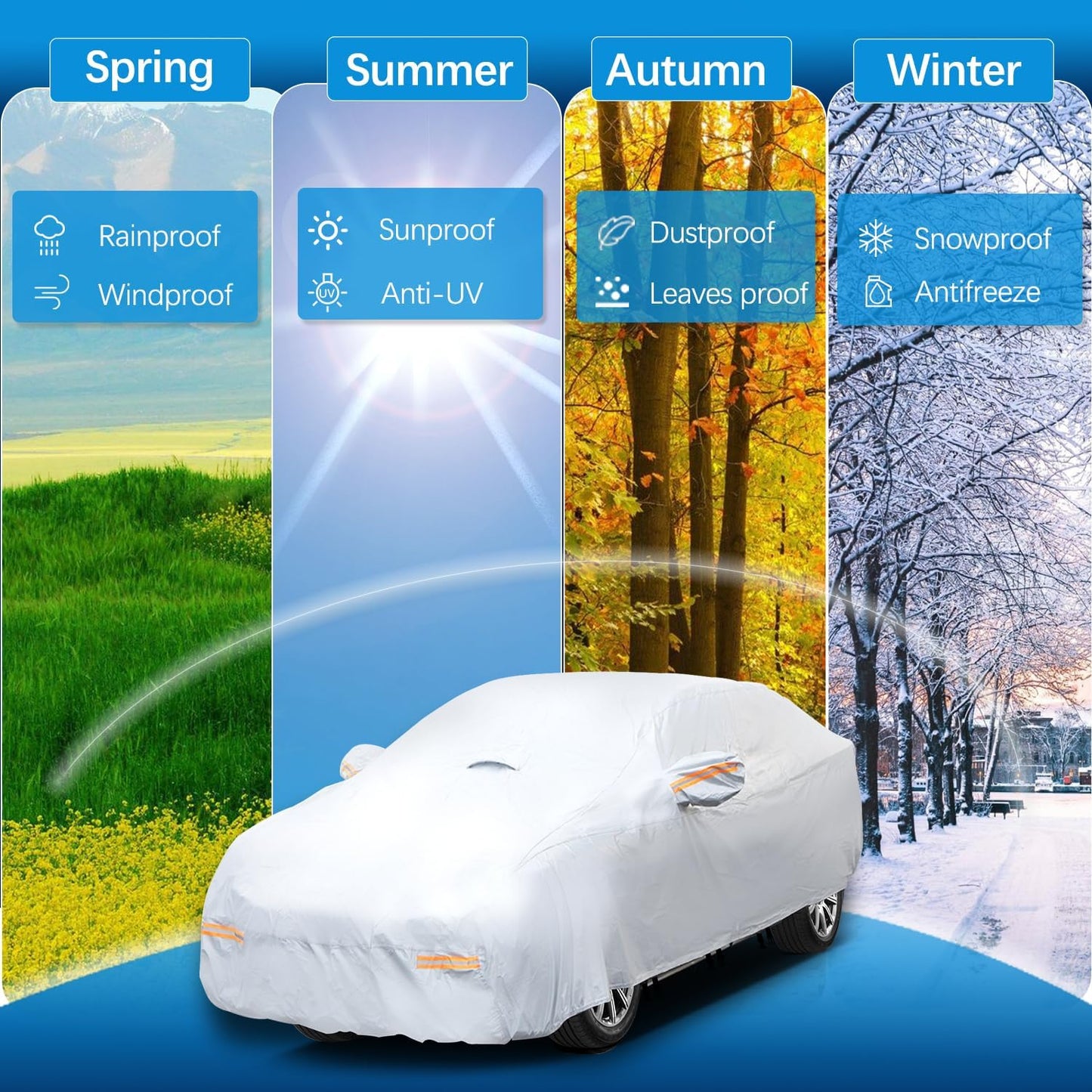 30 Layers Heavy Duty SUV Car Cover for Automobiles All Weather Waterproof, Outdoor Snowproof UV Protection Windproof, Door Zipper, Soft Cotton Universal Car Covers (Silver, Fit SUV 191"-200")