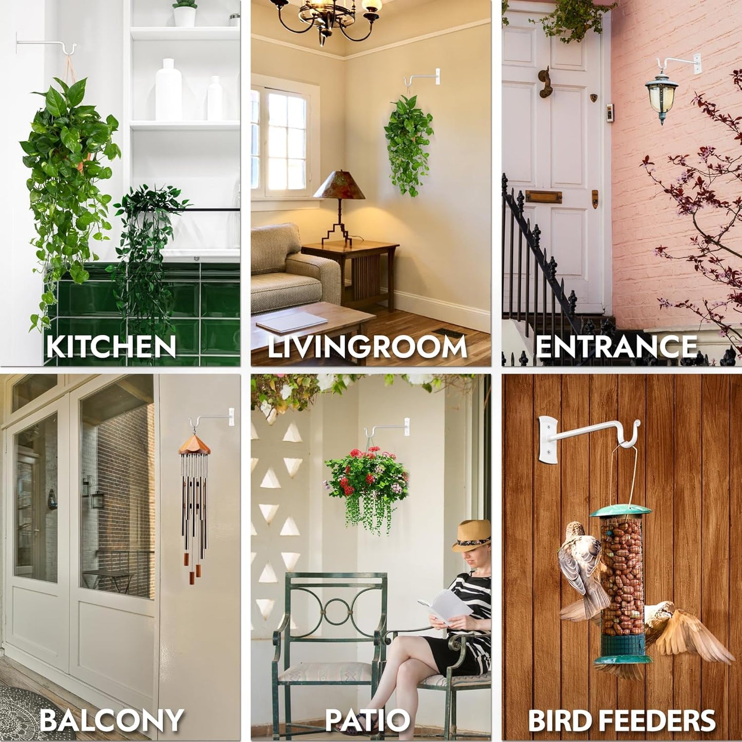 RTZEN Plant Hangers Outdoor or Indoor - Wrought Iron Metal Hanger Indoor Hook - Heavy Duty Wall Bracket Hooks for Hanging Plants Baskets Lanterns Wind Chimes - 2 Pack (White Shepherds Hooks)