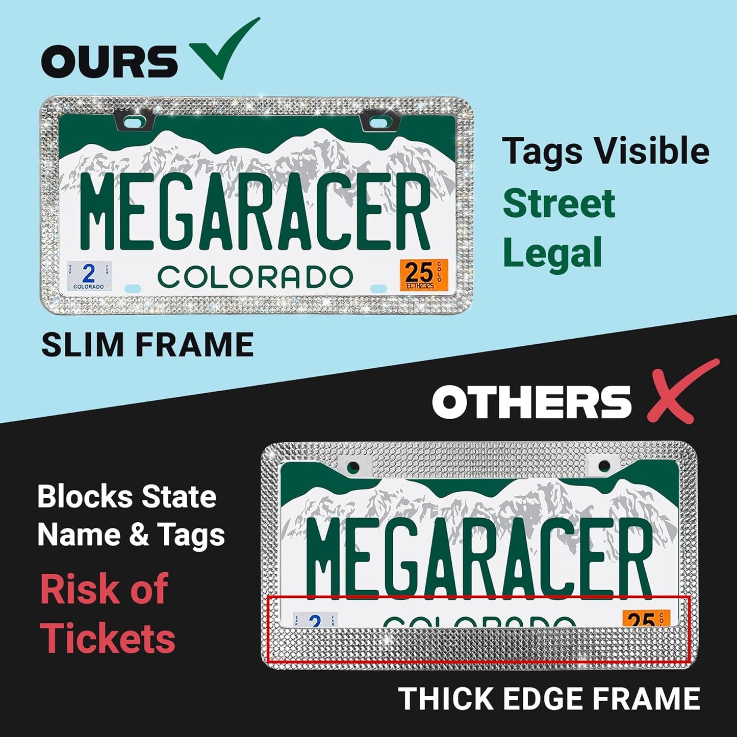 Dazzling Bling License Plate Frame for Women - 1 Pack, 800 Premium Rhinestones, Rust-Free Stainless Steel, Street Legal Slim Design, Sparkly Diamond Car Tag Holder with Glitter Crystal Screw Covers