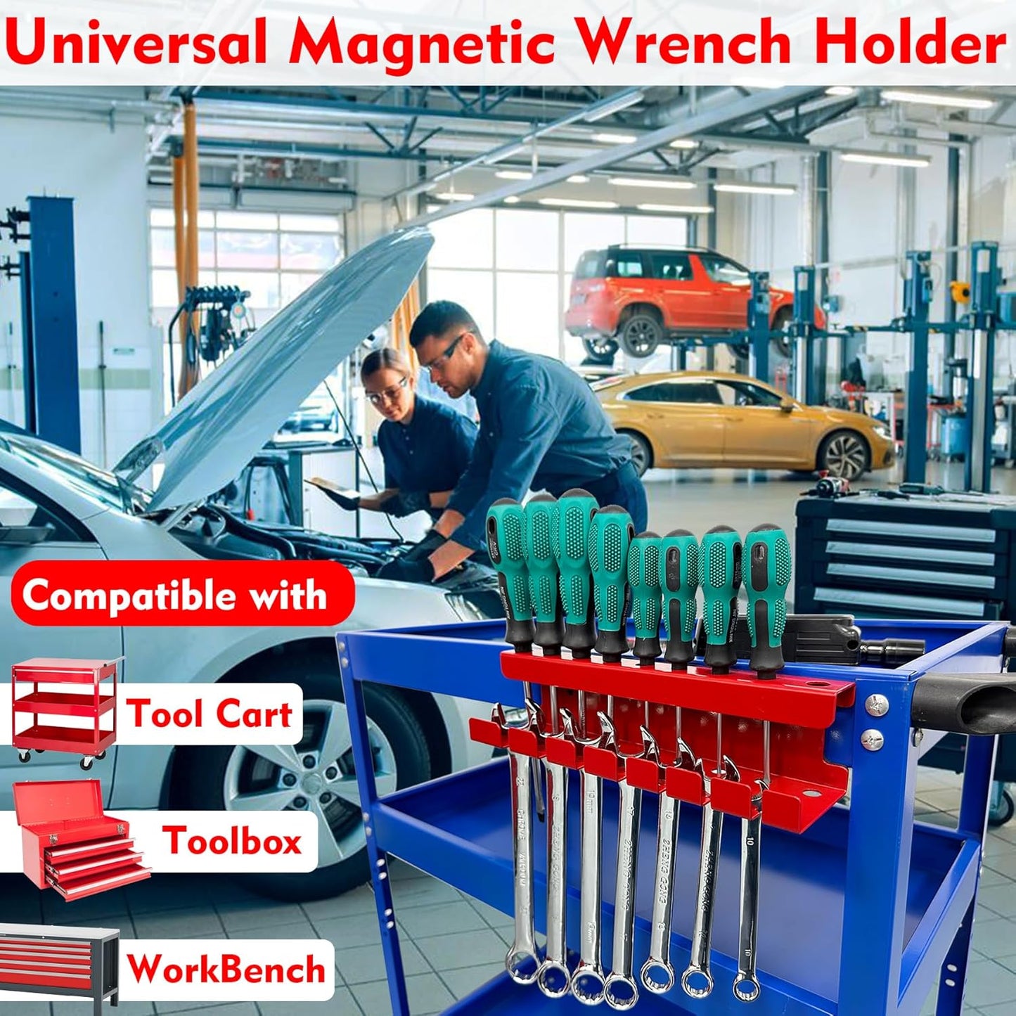 MUTUACTOR Magnetic Wrench Holder Heavy Duty,Anti-scratch Magnetic Mount Screwdriver Holders, 2 Layers Wrench Screw Drivers Holder for Work Bench Toolbox Tool Cart,1PCS,Red,9 Holes and 7 Slots