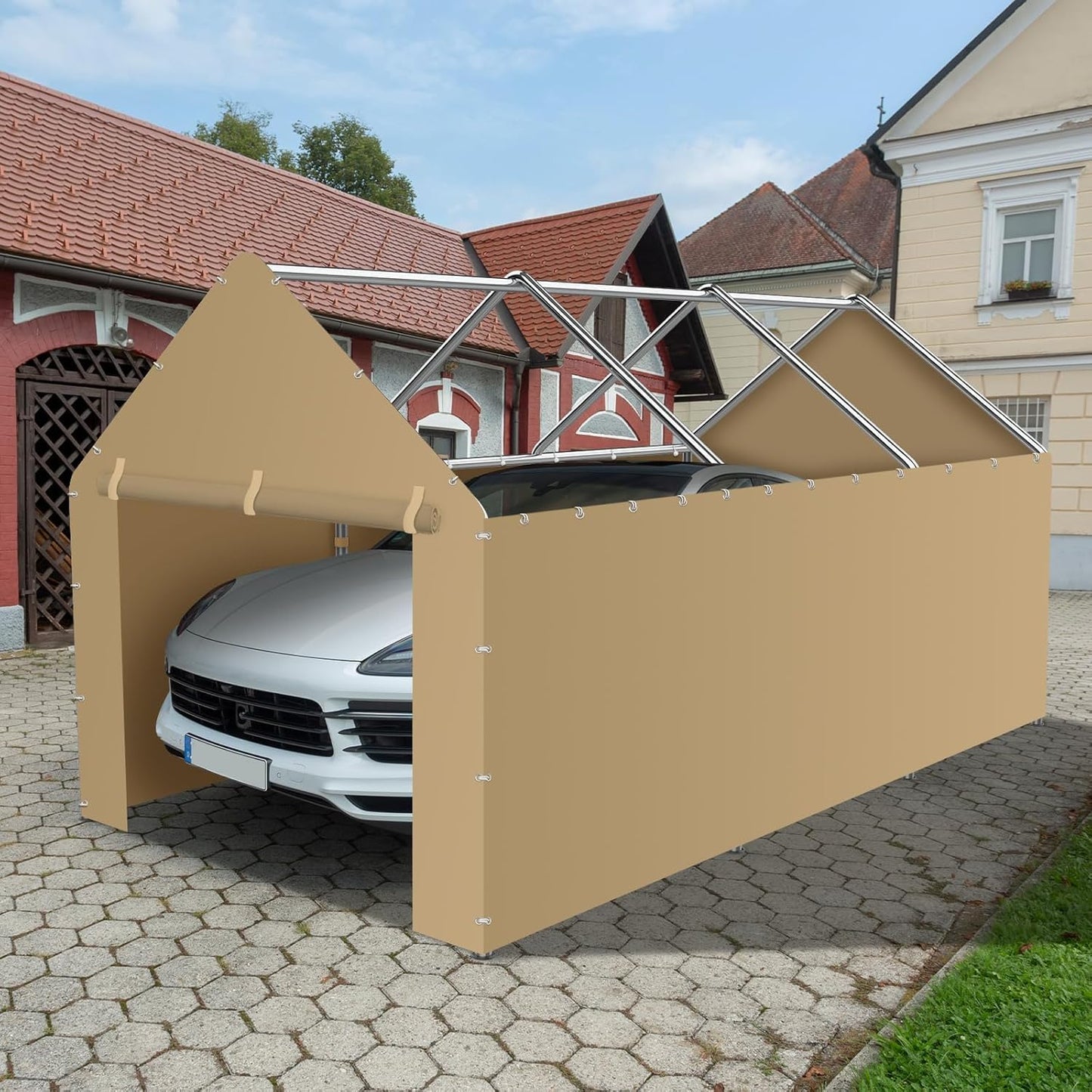 10 * 20 FT Carport Replacement Tarp Canopy, Sidewall kit Panel Set of 4, 180G PE Waterproof & UV Protected Replacement Sidewall Cover, Beige