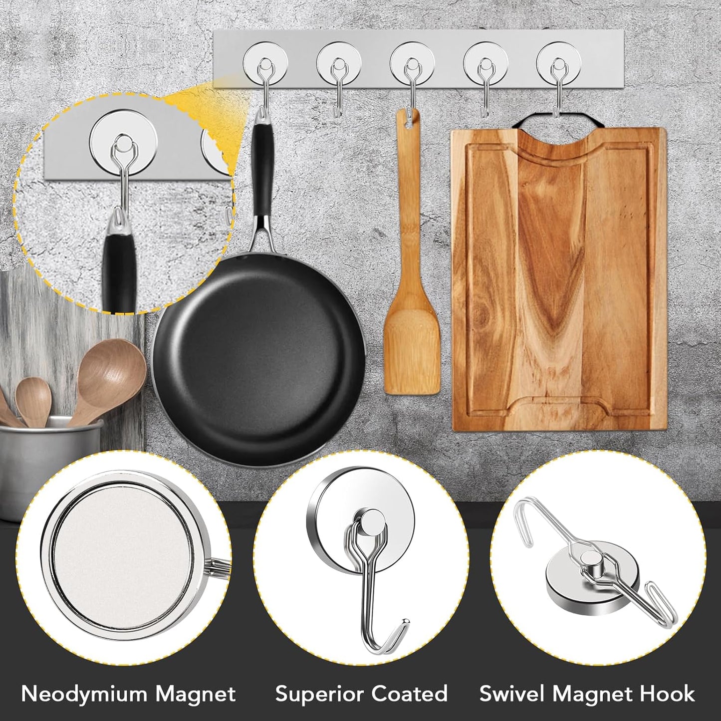 MIKEDE Magnetic Hooks Heavy Duty, 110LB Swivel Swing Strong Magnetic Hooks Cruise,Neodymium Hook Magnets for Home, Kitchen, Workplace, Metal Door, Office and Garage - Pack of 4