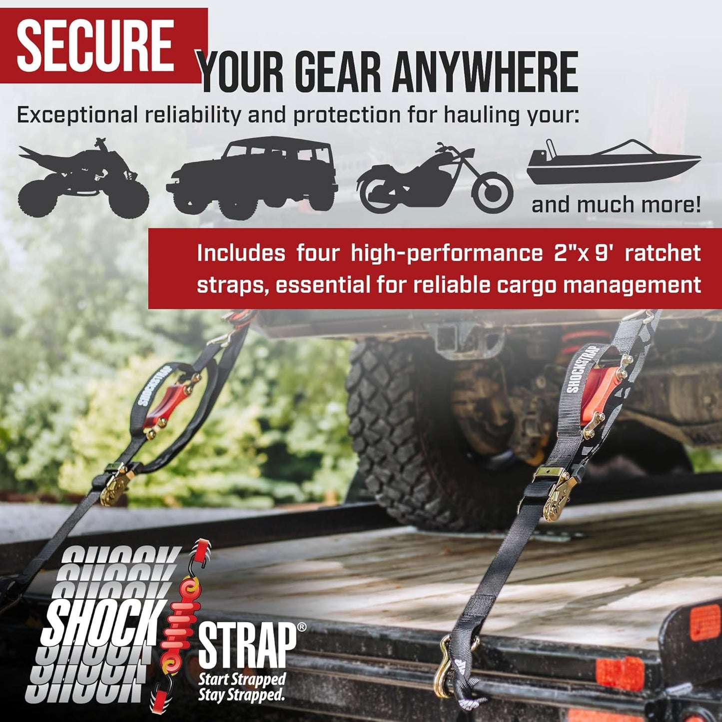 Ratchet Strap, 9' x 2" Shock Absorbing Heavy Duty Tie downs for Cargo, 2,000 LB WLL / 6,000 LB Break Strength, 4-Pack