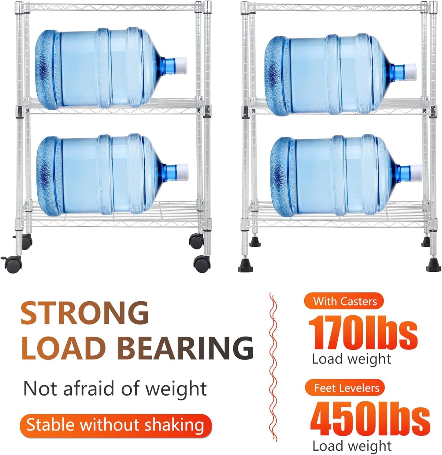 BestOffice 3-Tier Adjustable Wire Shelving Storage Shelves Heavy Duty Shelving Unit with Wheels for Small Places Kitchen Garage Balcony,Chrome