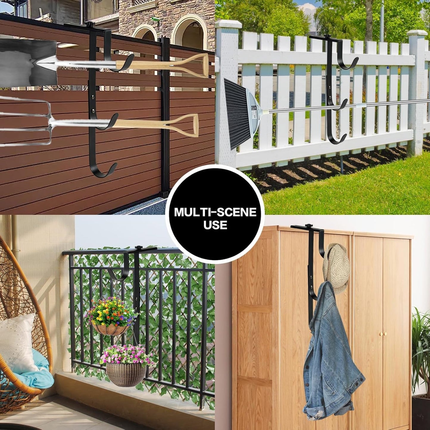 2Pcs Black Pool Pole Hangers, Adjustable Heavy Duty Swimming Pool Fence Hooks for Pool Equipment, Skimmers, Leaf Rakes, Nets, Brushes, Vacuum Hose, Garden Tool Organizer