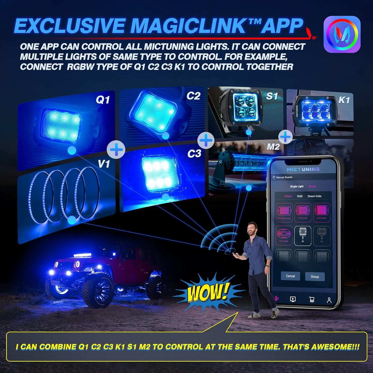 MICTUNING Q1 RGBW Rock Lights, 12 Pods Pure Color Underglow Neon Multicolor Lighting with Wiring Switch Kit, Bluetooth Controller, Remote Control, Music Mode for Trucks Car ATV UTV Golf Cart