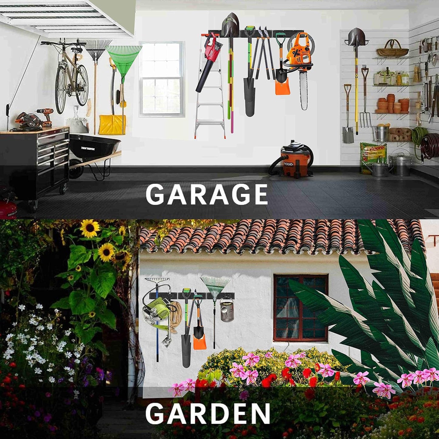 Garage Tool Storage Organizers Wall Mounted with 6 Removable Hooks and 3 Board, Super Heavy Duty Powder Coated Steel Garden Tool Hanger Rack for Chair, Broom, Mop, Rake Shovel & Tools