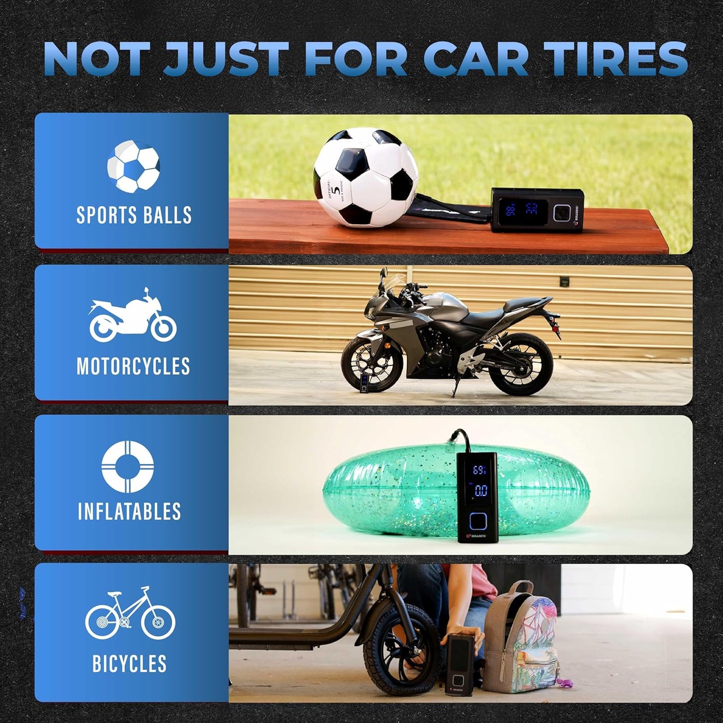 POCKET AIR PRO Tire Inflator Portable Air Compressor by Bullseye Pro for Tires, Balls, Bike with Persta Valve, Auto Shut Off, Inflates in 2 Min, Cordless Rechargeable 6000MAH,150 PSI, SoS Light