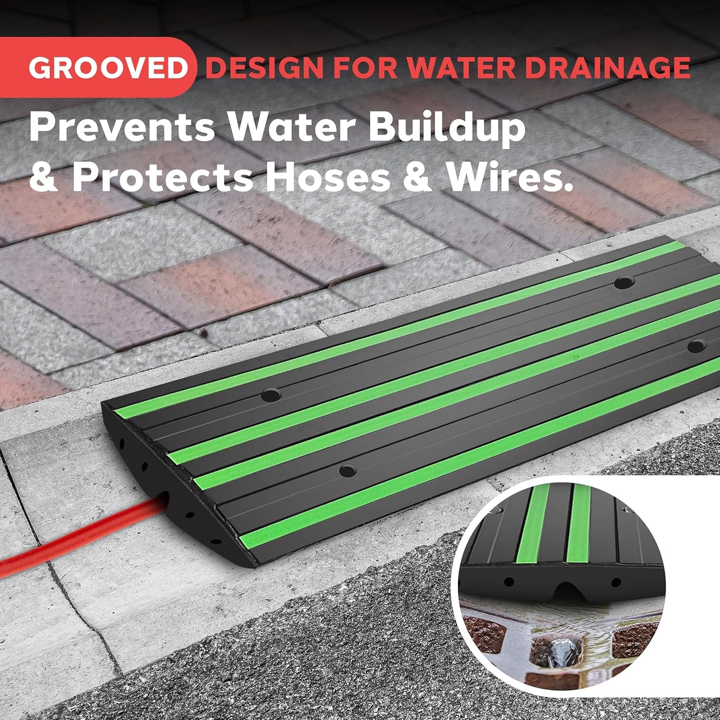 Pyle 4 ft. Rubber Threshold Curb Ramp, Heavy Duty, Non-Slip Car Ramp for Driveways, Garages, and Sidewalks, Green Reflective Strips, Waterproof, with Expansion Screws, 48.0’’x 16.0’’ x 2.6’’ Inch