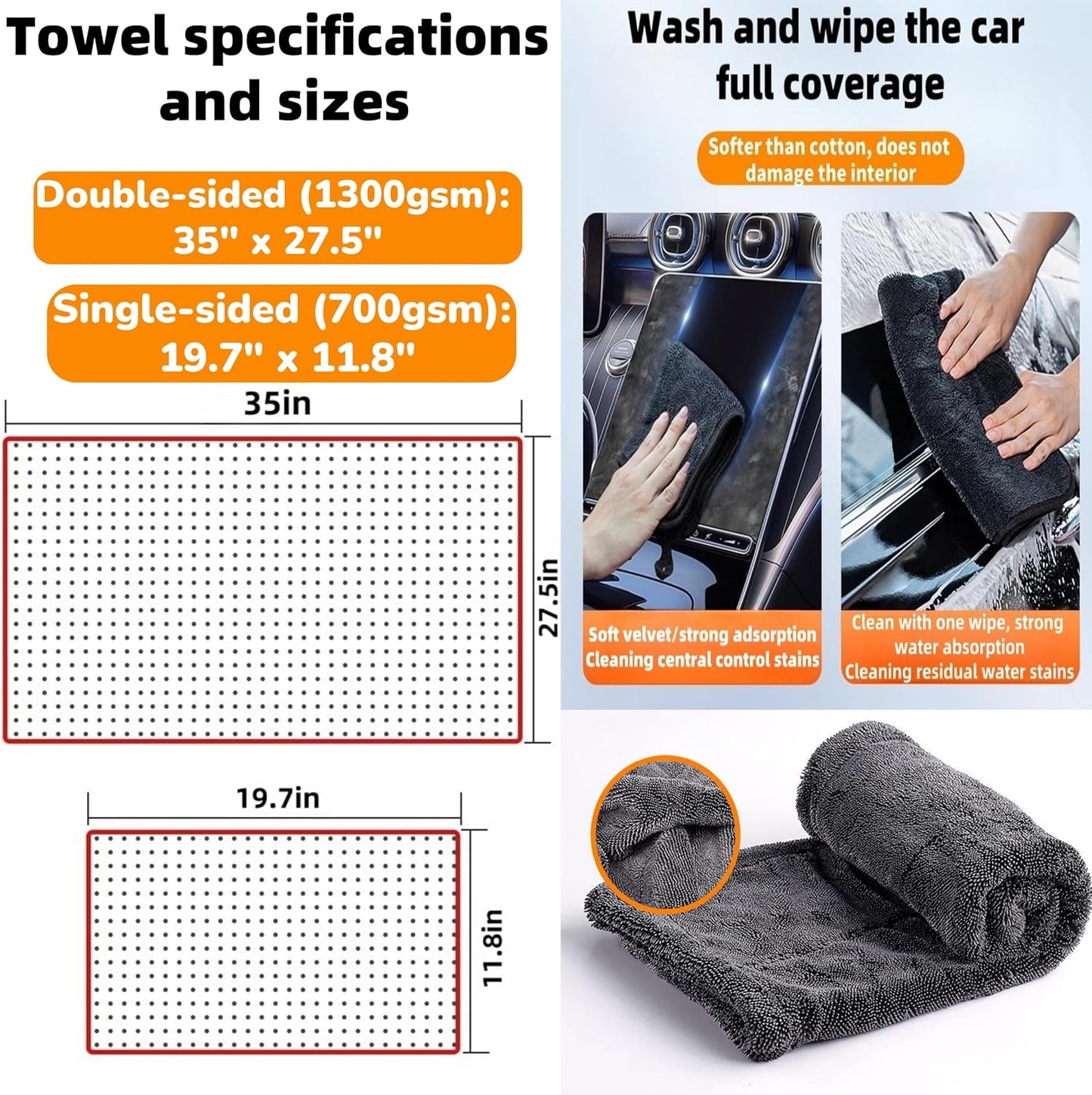 Microfiber Towels for Cars 2-Pack, 1300 GSM Ultra-Soft Microfiber, 35" x 27.5" & 19.7" x 11.8" Towels are Great for Car and Home Cleanups, No Streaks, Scratches Or Water Spots