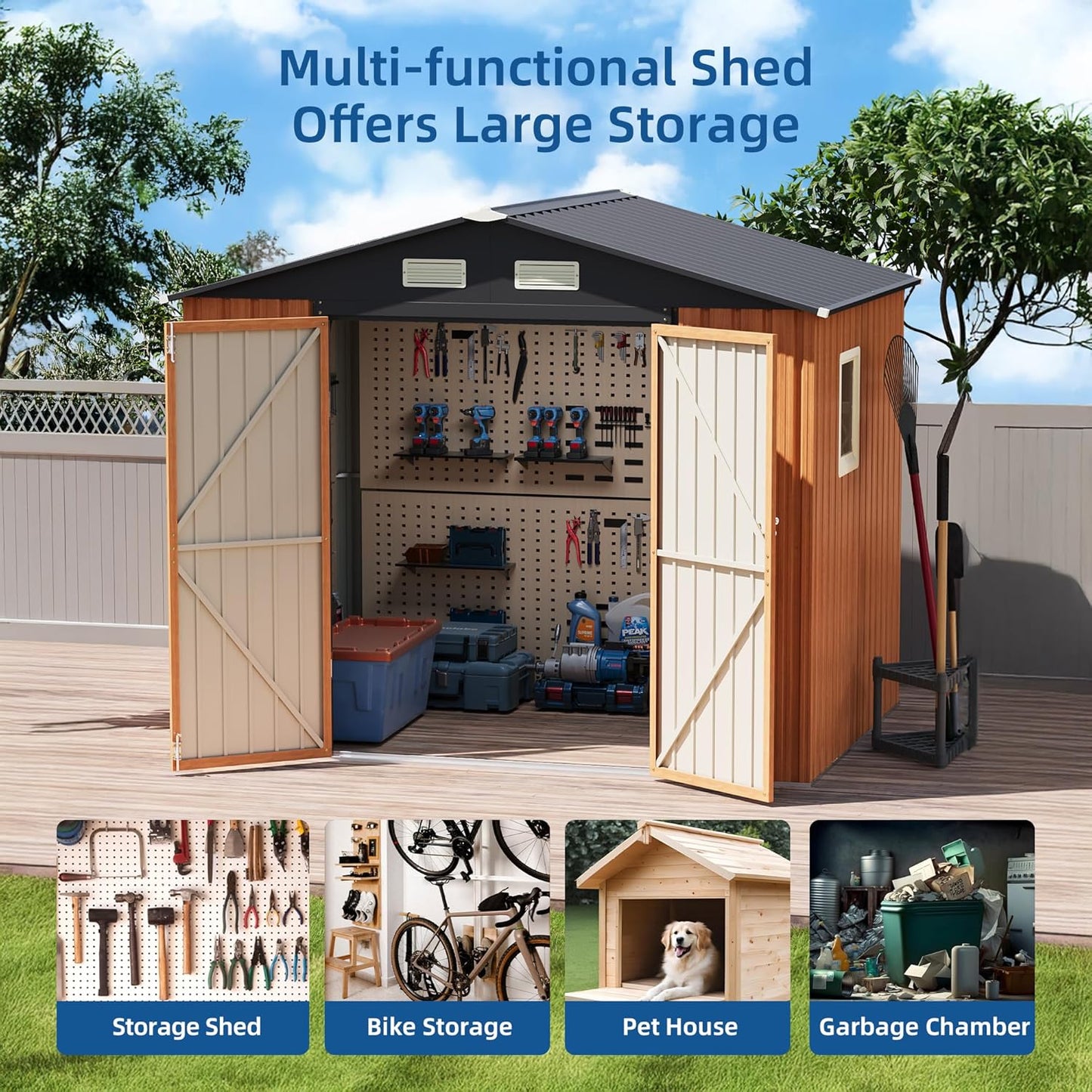 8x6FT Outdoor Storage Shed, Metal Garden Shed with Floor Base, Lockable Doors and Window, Large Tool Shed for Backyard, Patio and Lawn