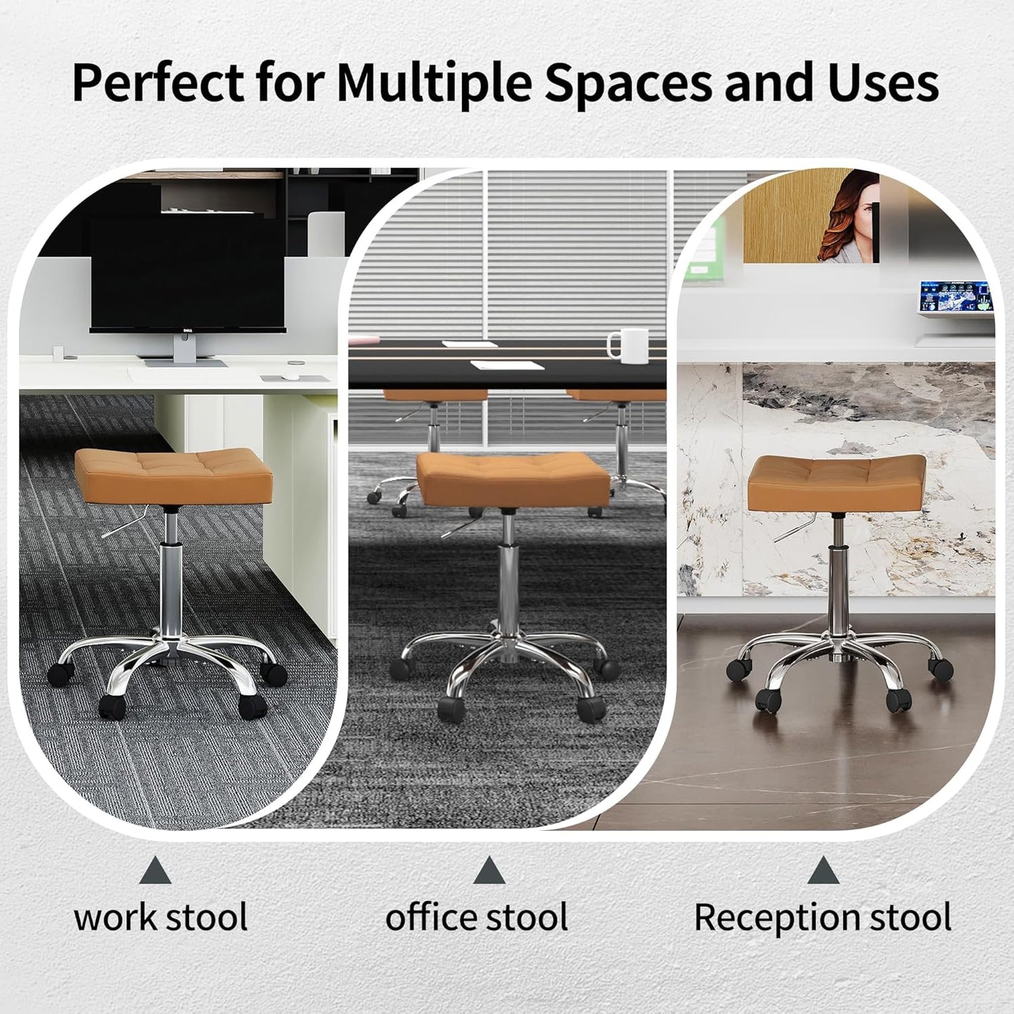 Office Stool with Wheels (300lbs Capacity) (Adjustable Height 17"-21") Brown Faux Leather Workbench Stool (Camel Brown)