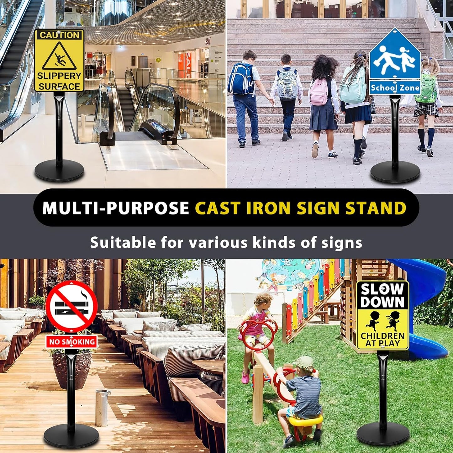 Parking Sign Stand with Base - 20 Lbs Cast Iron Parking Sign Post for Hanging Traffic Construction Street Warning Notice, Movable Black Heavy Duty Base Stand for Outdoor Use, 2 Pack