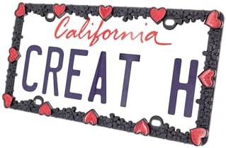 Creathome 3D Daisy Heart License Plate Frame from Pure Zinc Alloy Metal Perfect Plate Holder, Matt Black Daisy with Red Reflective Heart