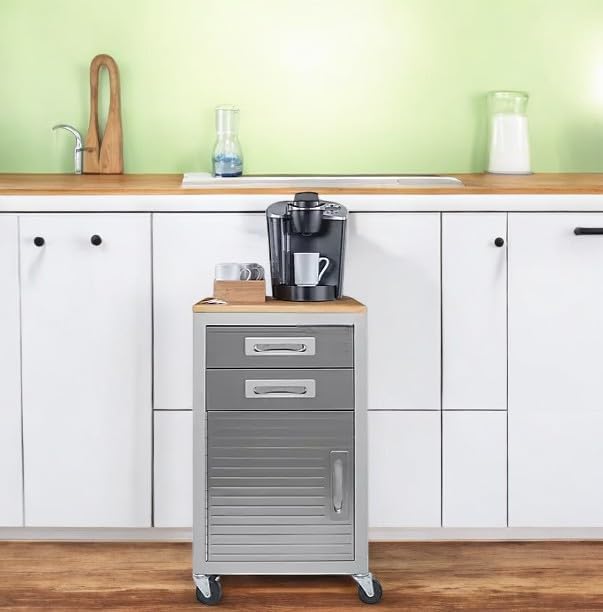 Heavy Duty Rolling Storage Cabinet with Wheels and Drawers, Workstation for Garage, Office, Workshop, 1 Door, 2 Drawer (20" W x 18" D x 34.7" H), Granite