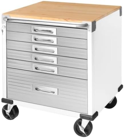 Heavy Duty Rolling Storage Cabinet with Wheels and Drawers, Workstation for Garage, Office, Workshop, 6 Drawer (28" W x 25" D x 34.5" H), White