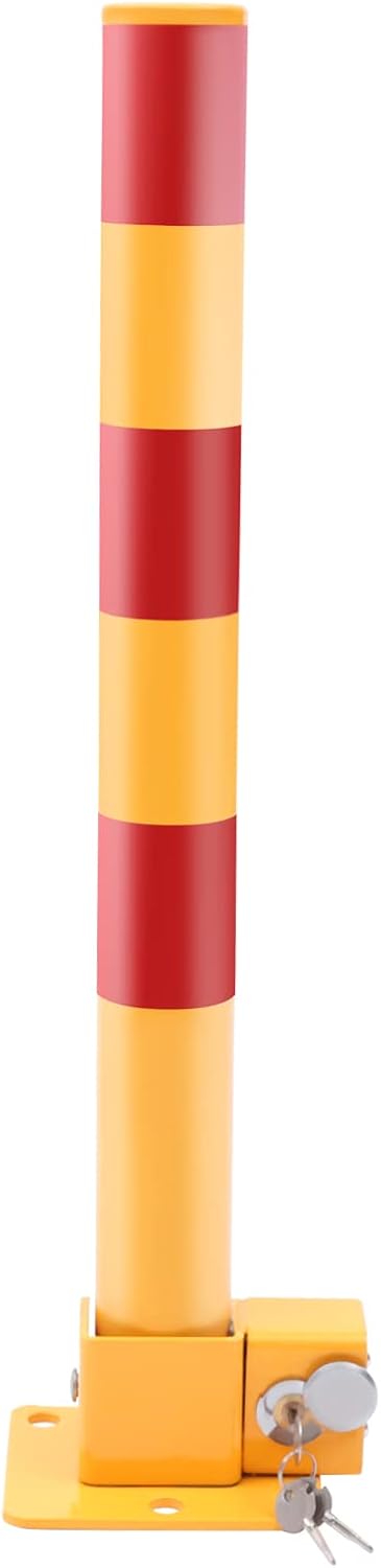 23In Q195 Iron Pipe Safety Bollard Yellow & Red Parking Barrier, Automatic Locking Folding Metal Post with Warning Stripes for Lots, Storefronts, Entrances