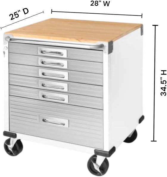 Heavy Duty Rolling Storage Cabinet with Wheels and Drawers, Workstation for Garage, Office, Workshop, 6 Drawer (28" W x 25" D x 34.5" H), White