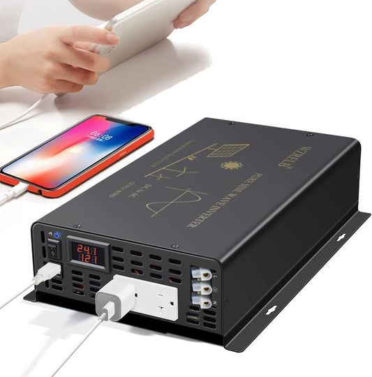 WZRELB 2500W Pure Sine Wave Power Inverter 24VDC to 120VAC 60HZ Dual AC Outlets 2× 2.4A USB Port&Hardwire Terminal Off-Grid Solar Converter RV Trucks Home
