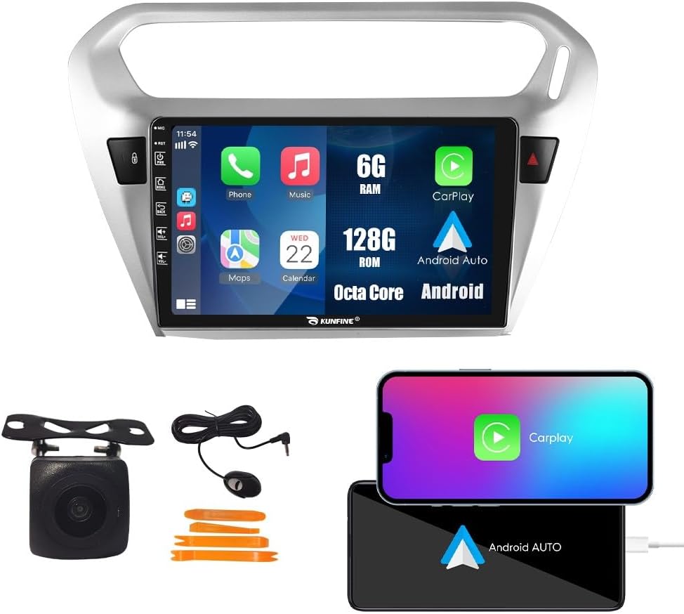 Kunfine Car CarPlay Android Auto Navigation Stereo GPS Radio Reverse Camera Display 9" IPS Touchscreen Headunit Tablet Pad Media Player for Peugeot 301 13-22, if Applicable Octa Core 6G+128G Silver