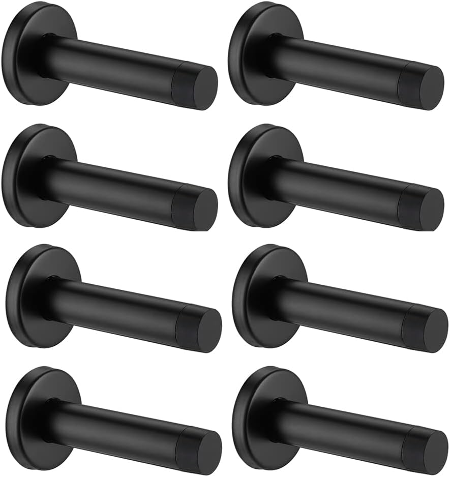 JQK Door Stopper Black, 304 Stainless Steel Thicken 1mm Sound Dampening Door Stop Bumper Wall Protetor 8 Pack, Matte Black, DSB5-PB-P8