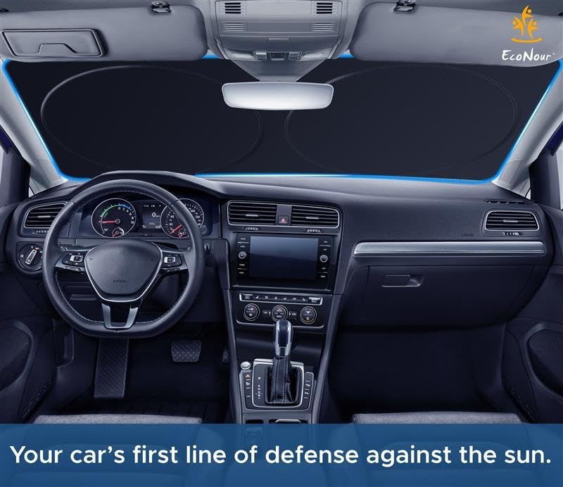 EcoNour Mirror Cut Foldable Windshield Sun Shade for Car | 240T UV & Heat Reflective Sunshade with Storage Pouch | Keeps Interior Cool | Fits Most Sedans, SUVs & Trucks – Medium (64" x 32")