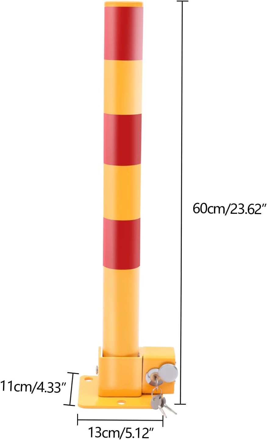 23In Q195 Iron Pipe Safety Bollard Yellow & Red Parking Barrier, Automatic Locking Folding Metal Post with Warning Stripes for Lots, Storefronts, Entrances