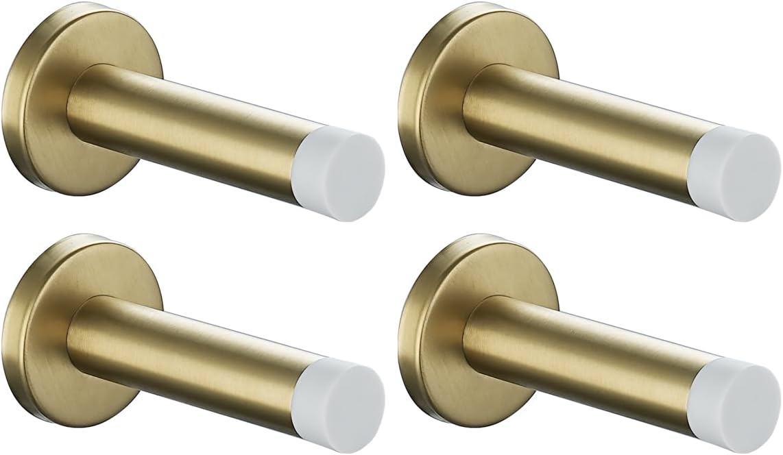 JQK Door Stopper Gold, 304 Stainless Steel Thicken 1mm Sound Dampening Door Stop Bumper Wall Protetor 4 Pack, Brushed Gold White Tip, DSB5-WG-P4