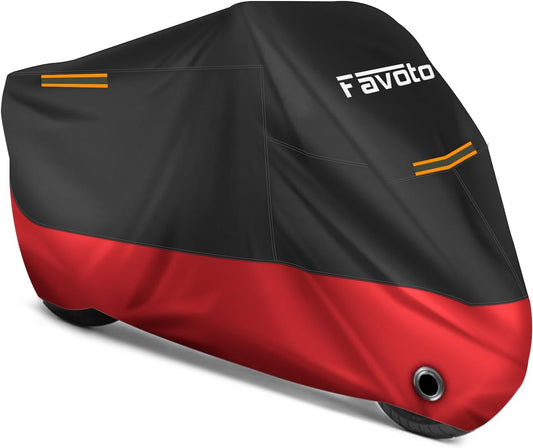 Favoto Motorcycle Cover Waterproof Outdoor - 104 inches Length All Season Universal Weather Sun Rain Protection Night Reflector with Lock-Holes & Storage Bag Motorbike Vehicle Cover, Red