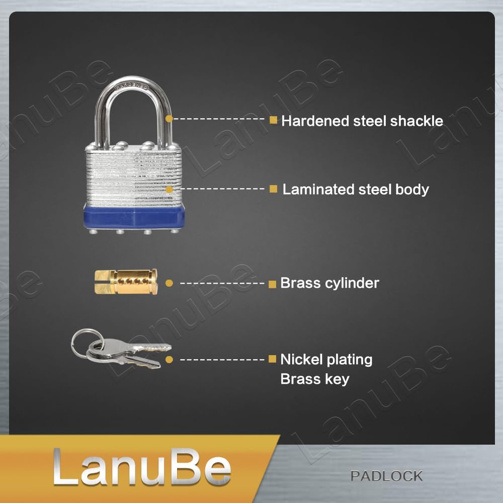 LanuBe Lock Laminated keyed Padlock (1-9/16", 40mm), keyed Alike Locks, Normal Shackle,Marked Blue Plastic Hoop, Pack of 100