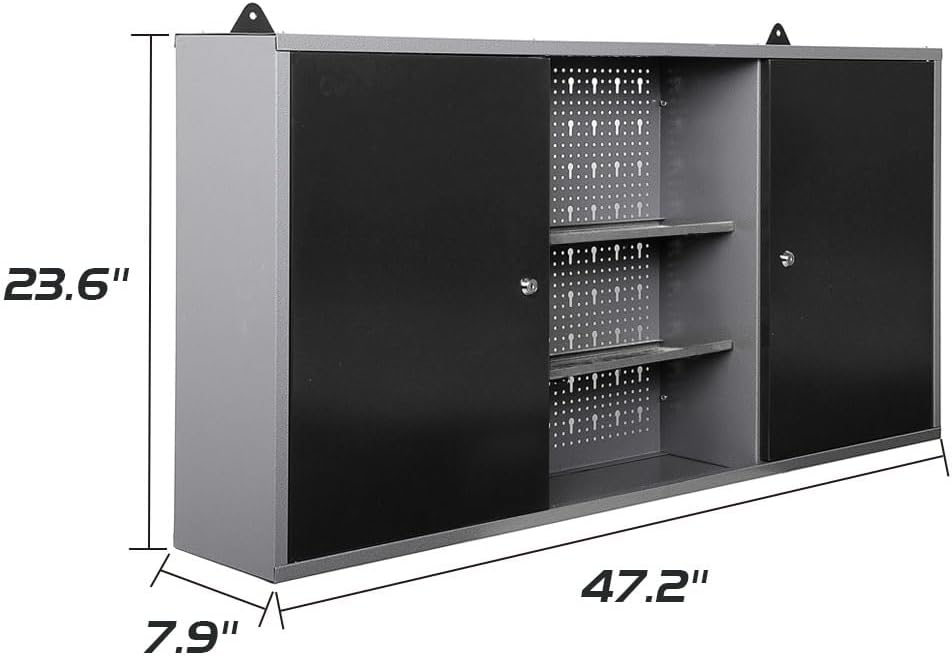 JZD Steel Wall Mount Storage Cabinet System with 22 Tool Hooks, for Garage Workshop Black & Grey