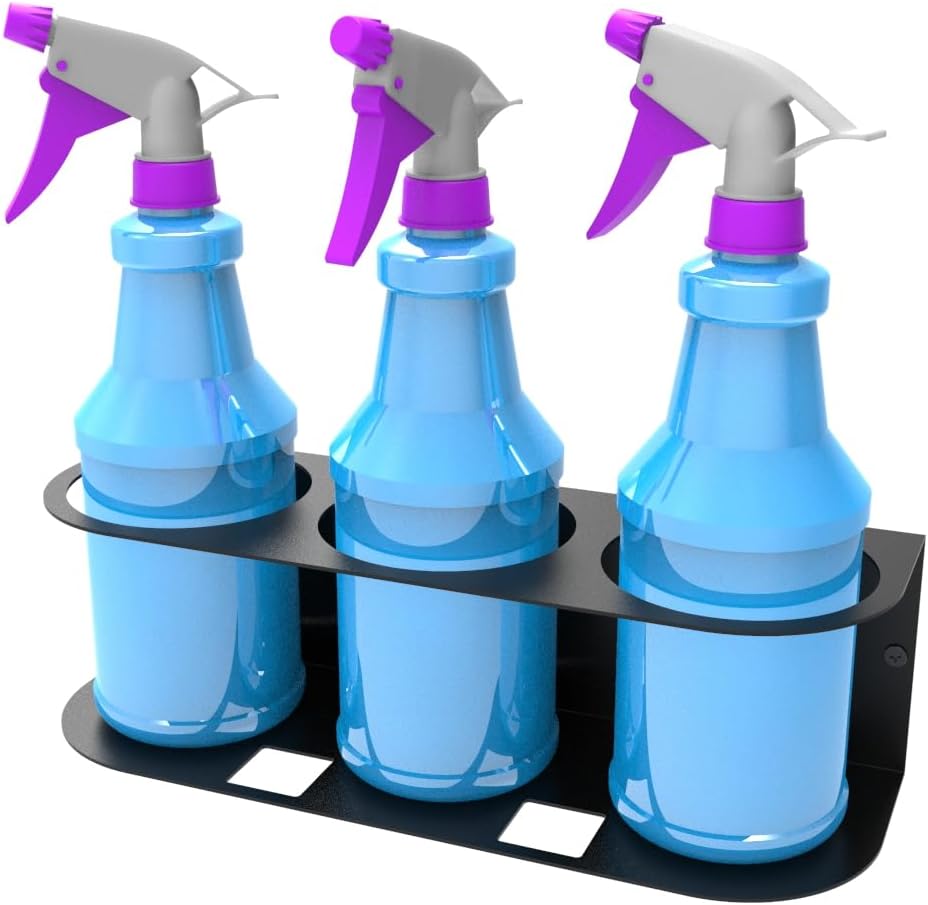 JINGCHENGMEI 3 Spray Bottles Holder, Steel Wall Mount Storage Organizer for All-Purpose at Garage and Home (SBH-3B1Pc)