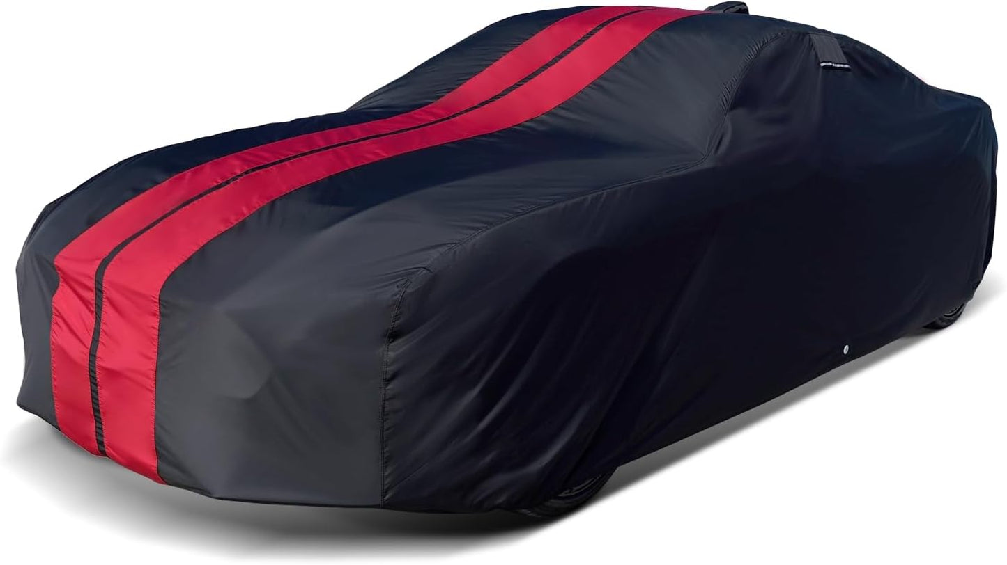 iCarCover Custom Car Cover for 1968-1982 Chevy Corvette C3 Waterproof All Weather Rain Snow UV Sun Protector Full Exterior Indoor Outdoor Car Cover (Stripe - Black/Red)