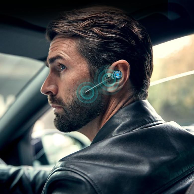 IHAO Wireless Bluetooth Earpiece Headphone Dual Noise Cancelling Mic Painless Open-Ear Handsfree Headset Stereo Sound Left/Right Changeable Earhook Earphones for Driving/Business/Gym