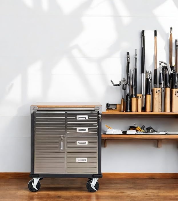 Heavy Duty Rolling Storage Cabinet with Wheels and Drawers, Workstation for Garage, Office, Workshop, 1 Door, 4 Drawer (28" W x 25" D x 34.5" H), Graphite