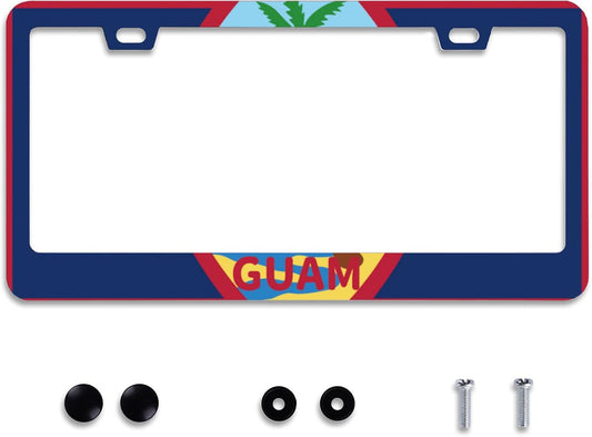Personalise Guam Flag License Plate Frames Round Hole Guams License Plate Frame Car Universal Accessories Stainless Steel Cars Decorative 2 Holes Screws Fits Standard US Vehicles Size 12.2 x 6 Inch