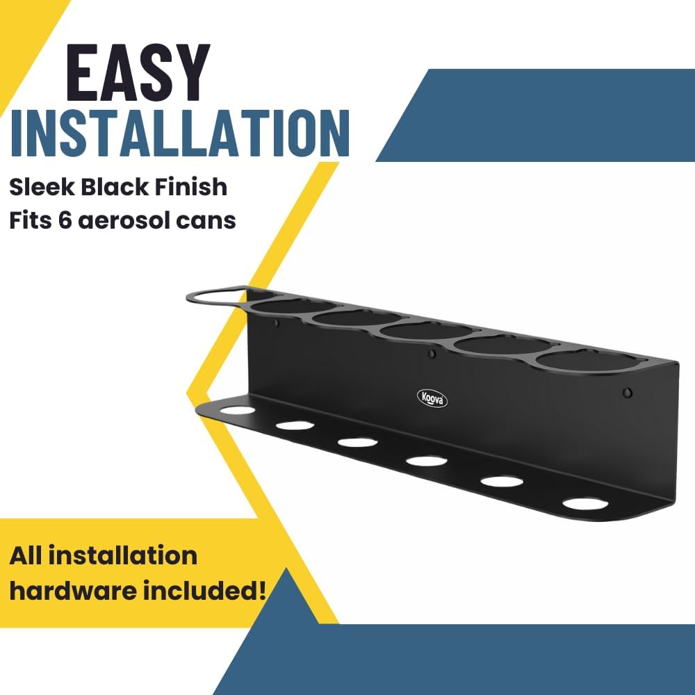 Koova 6 Aerosol Spray Can Holder | Easy Install Wall Mount | Heavy-Duty Powder Coated Steel Storage Rack for Garage & Home | Craft Workspace Paint Bottle Organizer | Hardware Included | USA Made