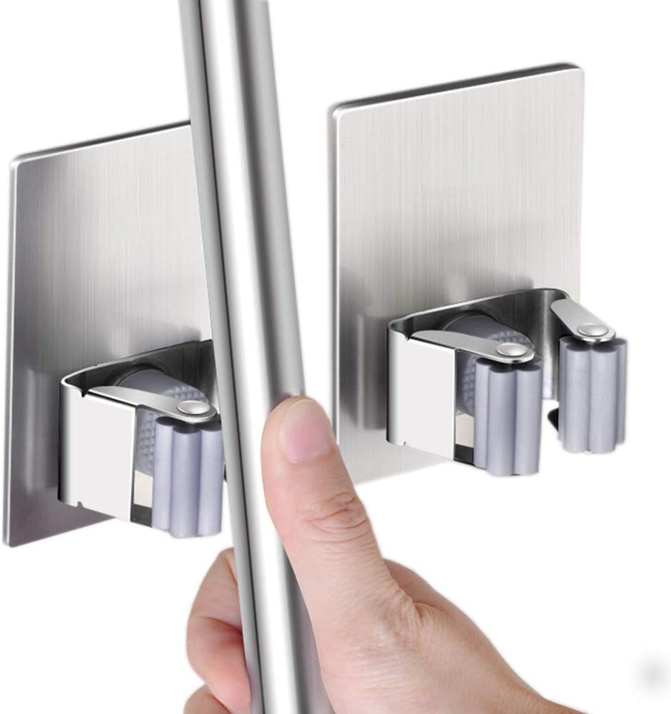 HANZE 2 Pack Stainless Steel Mop Broom Holder Organizer, Self Adhesive Wall Mounted Mop Organizer Storage Rack Clip for Kitchen Bathroom and Garage (Rectangle, Large)