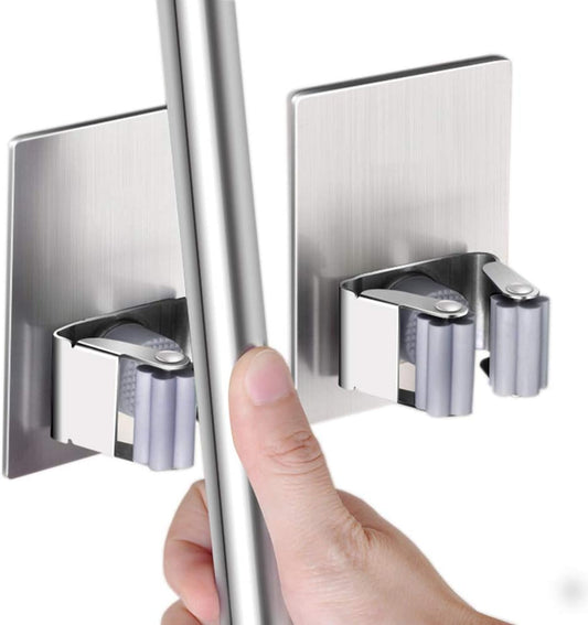 HANZE 2 Pack Stainless Steel Mop Broom Holder Organizer, Self Adhesive Wall Mounted Mop Organizer Storage Rack Clip for Kitchen Bathroom and Garage (Rectangle, Large)