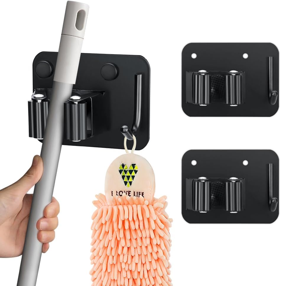 2-Pack Broom Holder with Heavy Duty Hooks, Upgraded Stainless Steel Mop Hanger. Wall Mount Utility Tool Rack for Kitchen Garden Laundry Garage. Matte Black.
